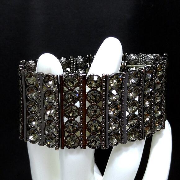 Wide Gunmetal Gray & Gray Rhinestones Stretch Bracelet, 7 1/2 Inches - Picture 4 of 8